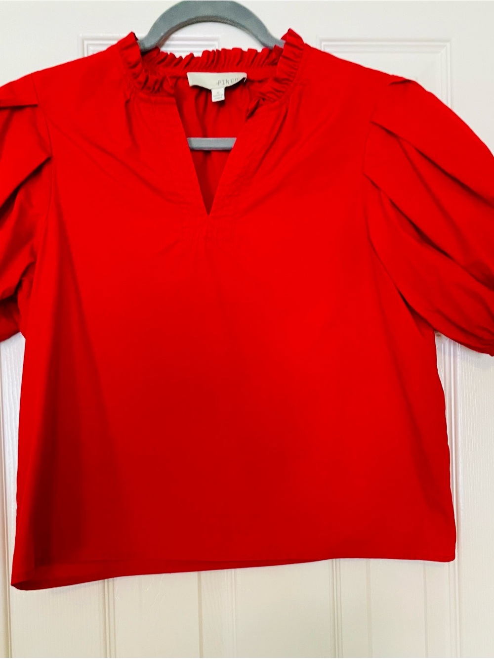 Pinch Red Ruffle Neck Puff Sleeve Blouse - Picture 2 of 9